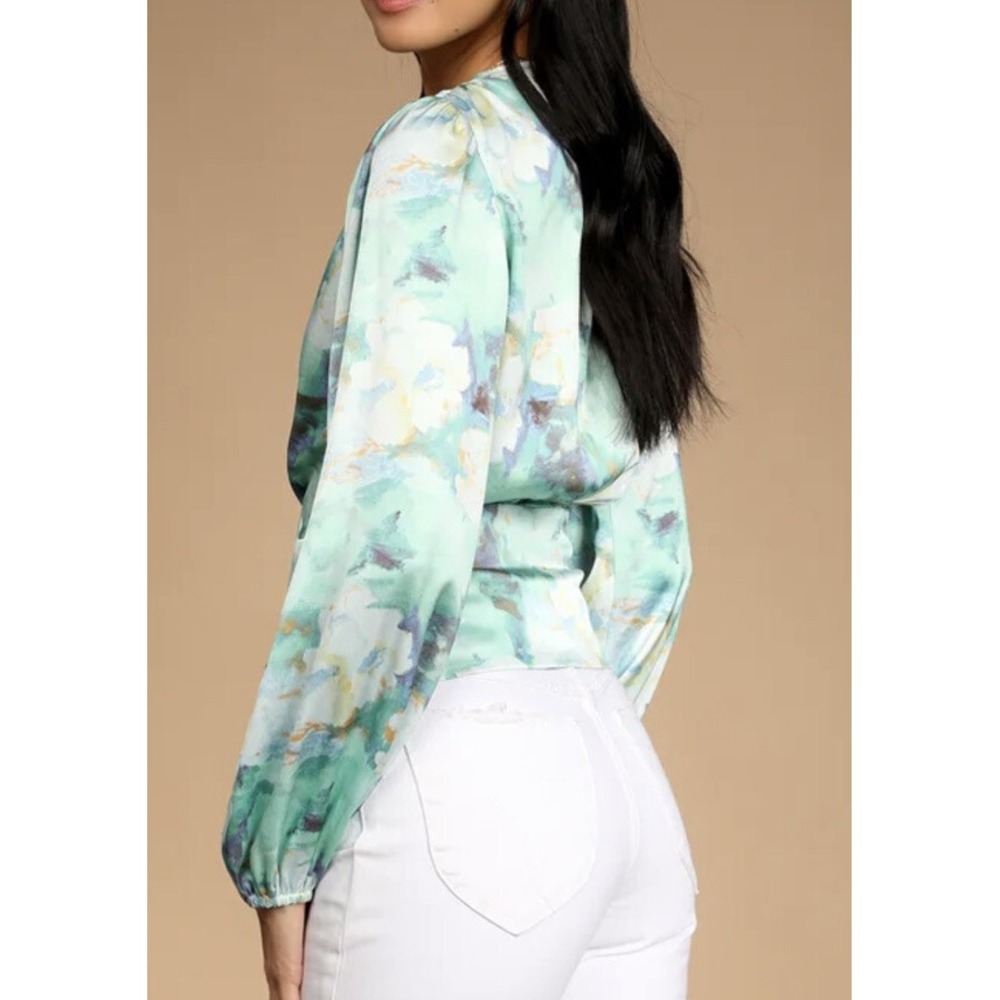Lulus Satin Wrap Top Long Sleeve V Neck Puff Sleeve Watercolor Mint Green Small